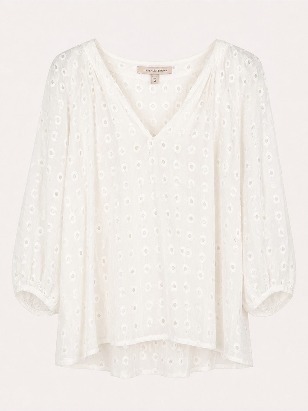 Lavender Brown White Eyelet V-Neck Peasant Blouse